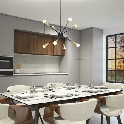Modern kitchen and dining area with a marble table for six, wooden and white chairs, minimalist gray and wood cabinets, and the Artika Wayden modern LED pendant light 3 CCT. A large window fills the space with natural light.