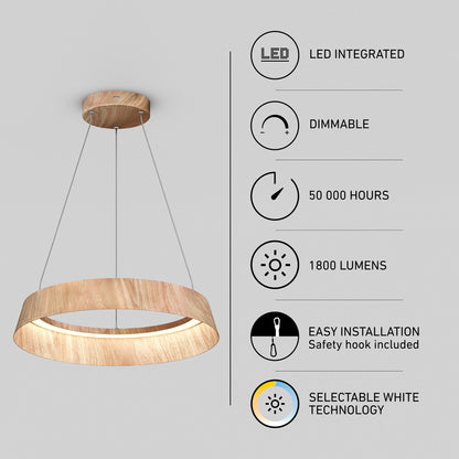 The Artika Tallis LED pendant light 5 CCT features a wood-finish circular design with integrated LEDs, dimmable brightness, selectable white technology, 50,000-hour lifespan, 1800 lumens output, and easy installation with safety hook.