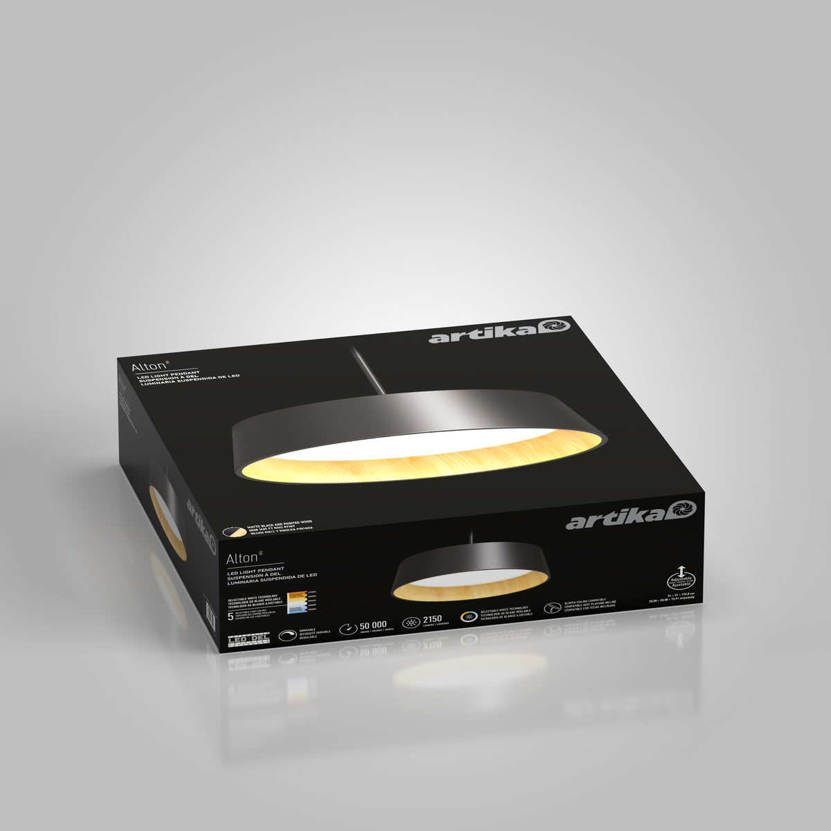 A black Artika Alton LED pendant light packaged in a sleek black box with product images, features, and specifications printed on the front and sides. The box is displayed on a light gray background.
