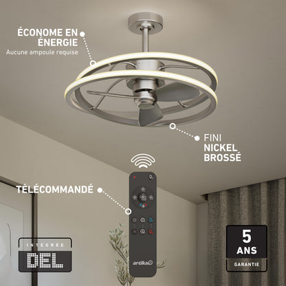 The Artika Coda 23 in. LED modern ceiling fan features a circular LED light kit, brushed nickel finish, energy efficiency, remote control operation, integrated LED, and includes a 5-year warranty—perfect for any living space.
