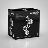 A black box displays a modern LED pendant light fixture called Soho 5 by Artika, featuring five circular, ring-shaped hanging lights, shown illuminated on the front and side of the packaging.