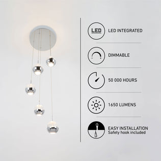 Artika Oracle modern 5-light LED pendant: chrome finish, dimmable, 1650 lumens, 50K hrs, easy to install.