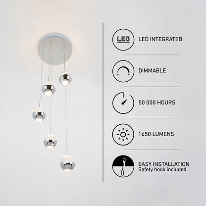 Artika Oracle modern 5-light LED pendant: chrome finish, dimmable, 1650 lumens, 50K hrs, easy to install.