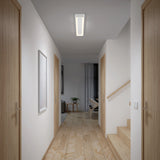 A modern, well-lit hallway with light wood floors, white walls, four wooden doors, a staircase on the right, and a small plant visible in a sitting area at the end.