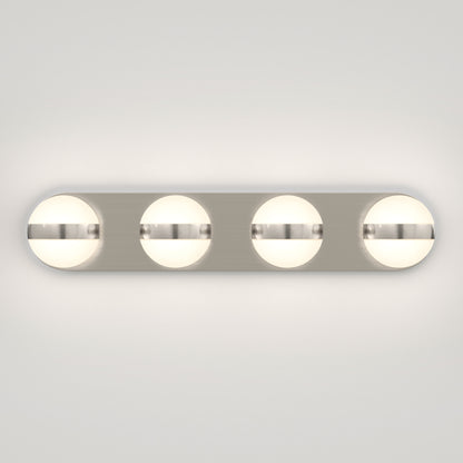 The Artika Baldric LED modern bathroom vanity light 3 CCT features four frosted glass globes on a rectangular brushed metal base, providing a soft white glow and stylish touch for any wall-mounted setting.