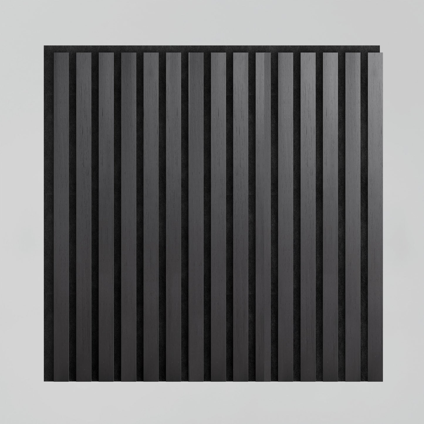 The Sonolok 15.5 ft sound-absorbing wall panel kit by Artika-CAN-dev features a square design with evenly spaced vertical black slats on a light gray background, offering a minimalist, geometric look.
