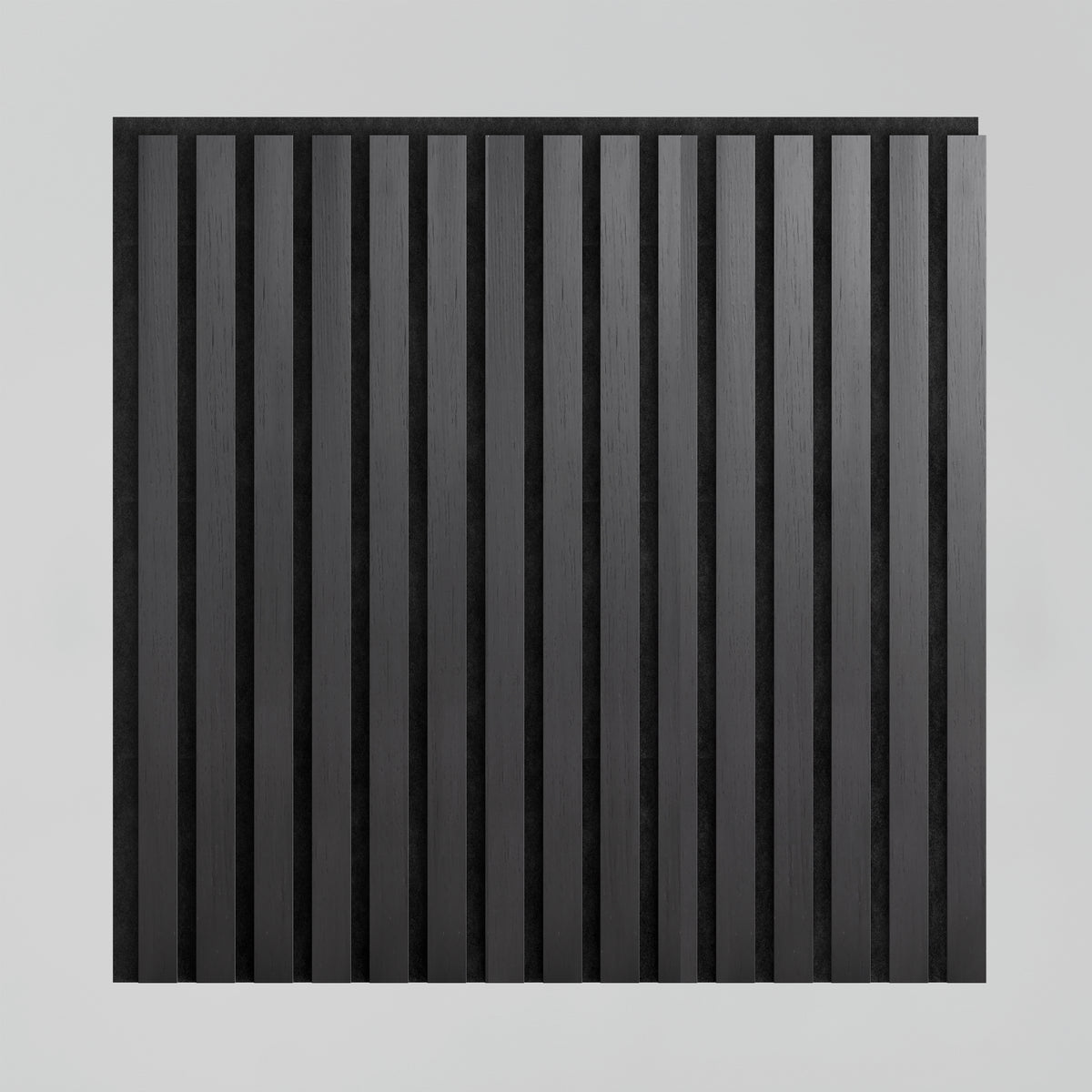 A square panel with evenly spaced, vertical black slats on a light gray background, creating a minimalist and geometric pattern.