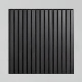 A square panel with evenly spaced, vertical black slats on a light gray background, creating a minimalist and geometric pattern.