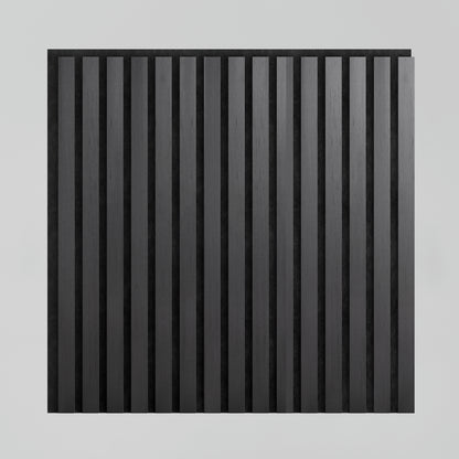 The Artika Sonolok 15.5 ft sound-absorbing wall panel kit features a square design with evenly spaced vertical black slats on a light gray background for a minimalist, geometric look.