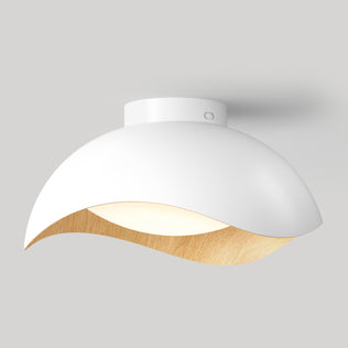 Adara 15 in. (38 cm) Modern LED Flush Mount Ceiling Light 5 CCT featuring a dome-shaped white design with a curved wooden interior accent.