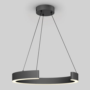 The Artika Vance modern LED pendant light 3 CCT features a sleek black circular design, suspended by four slim cables, with integrated LEDs illuminating the inner rim against a plain gray background.