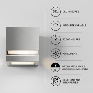 Valor Square LED wall light: indoor/outdoor, 925 lumens, dimmable, 50k-hour lifespan, weatherproof, easy installation.