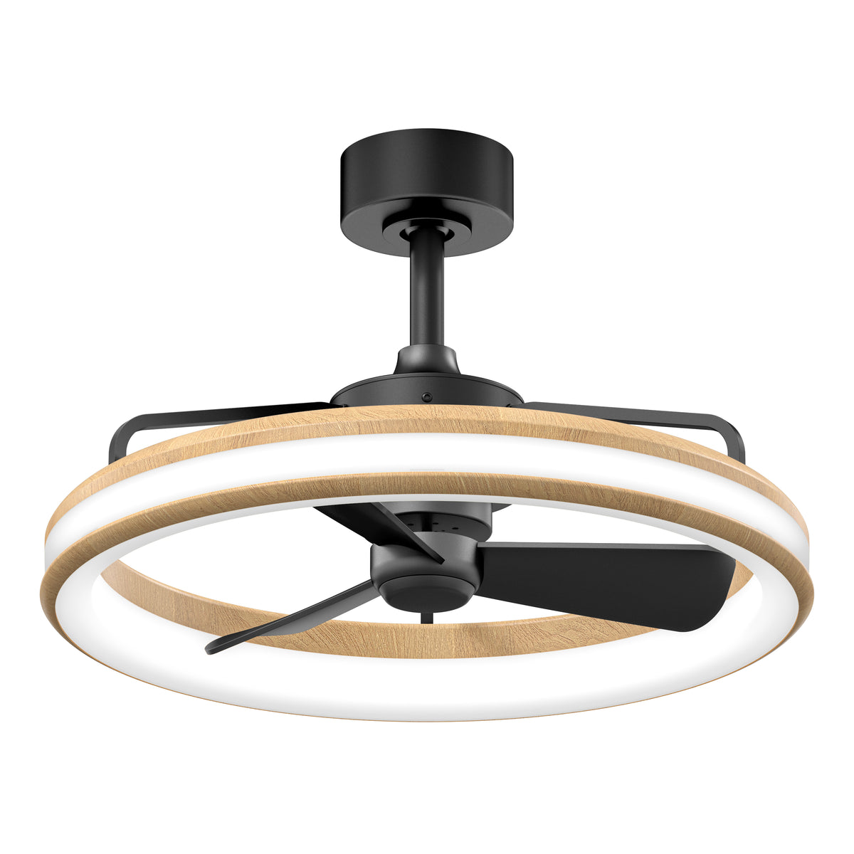 A modern ceiling fan with a black motor, three black blades, and a circular wooden frame featuring integrated LED lighting around the edge. The fan has a sleek, contemporary design.
