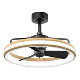 A modern ceiling fan with a black motor, three black blades, and a circular wooden frame featuring integrated LED lighting around the edge. The fan has a sleek, contemporary design.