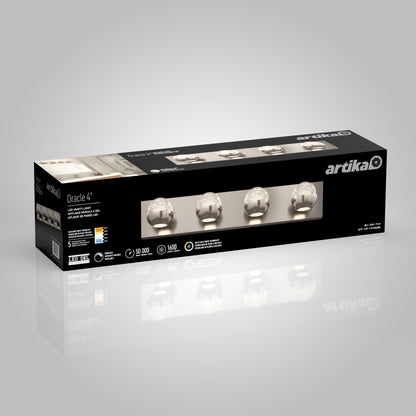 A rectangular black box displays the Artika Oracle 4 Light LED Bathroom Vanity Light, showing an image of the fixture and product details in white and gold on the front.