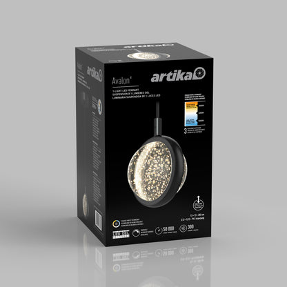 An Artika Avalon LED 1-light pendant box sits on a gray background, showing a round, bubble-filled glass light and the product name and brand in white and blue text.