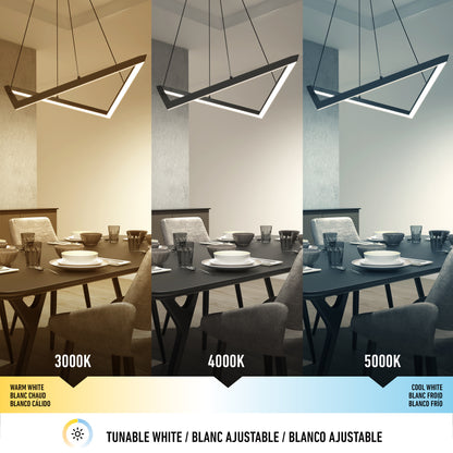 The Artika Artemis LED pendant light 3 CCT is displayed in a dining room under warm white (3000K), neutral white (4000K), and cool white (5000K) settings, demonstrating how each lighting temperature affects the room’s look and feel.