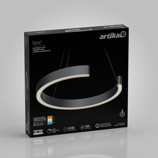 Artika Vance modern LED pendant light 3 CCT in black packaging, displaying the circular fixture image, product details, and specifications on a gray gradient background.