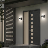 A modern front door with rectangular glass panels, flanked by two wall-mounted lights. The entrance has a sleek design with horizontal slats on the left side and concrete steps leading up to the door.