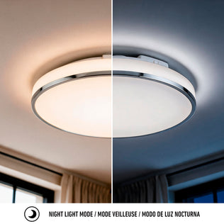 Artika Summit 15 in. LED Flush Mount 5CCT: night mode left, bright mode right, installed above windows and curtains.