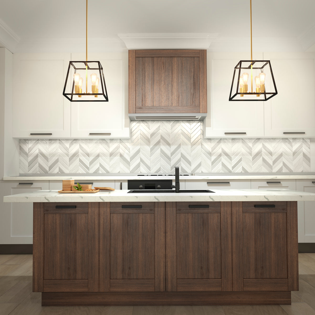 Modern kitchen with white upper cabinets, dark wood lower cabinets and island, marble countertops, chevron-patterned backsplash, and two geometric pendant lights hanging above the island.