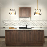 Modern kitchen with white upper cabinets, dark wood lower cabinets and island, marble countertops, chevron-patterned backsplash, and two geometric pendant lights hanging above the island.