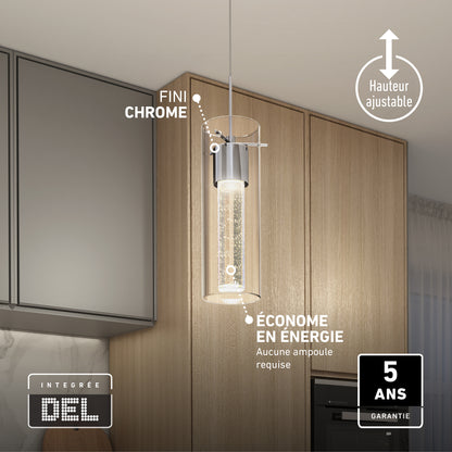 Artika Essence LED pendant light—modern chrome, glass shade, integrated LED, and 5-year warranty for stylish lighting.