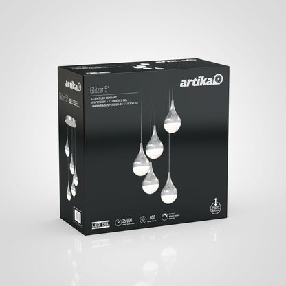 A black box showcases the Artika Glitzer 5-light LED pendant, featuring five bubble-filled teardrop glass lights hanging at varied lengths. The packaging emphasizes LED technology and product features.