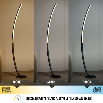 The Artika Arc LED Floor Lamp is shown in warm white (3000K), neutral white (4000K), and cool white (5000K) modes, with an adjustable color temperature slider displayed at the bottom of this dimmable lamp.