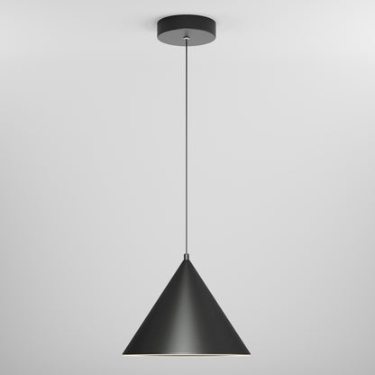 Artika Denali modern LED pendant light 3 CCT features a minimalist black conical shade suspended by a thin cord against a plain white background.