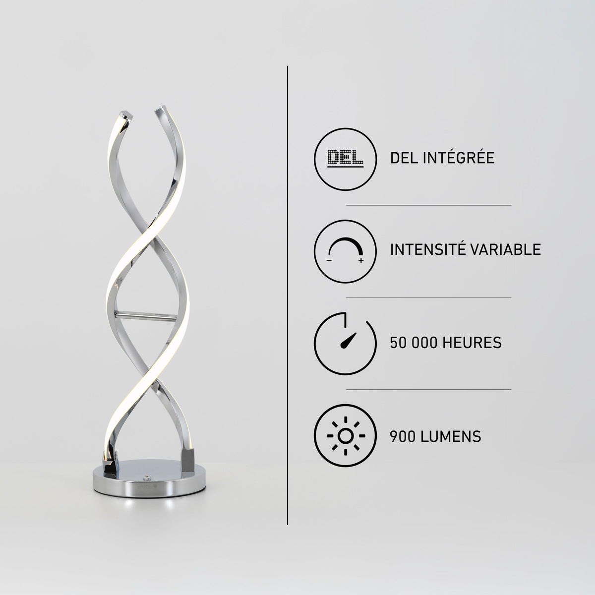 Artika Swirl LED table lamp: chrome base, dimmable, 900 lumens, 50,000-hour life, perfect for ambient lighting.
