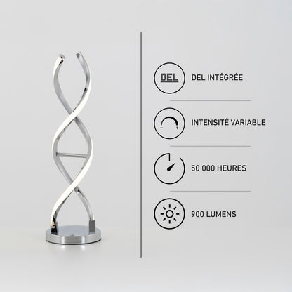 Artika Swirl LED table lamp: chrome base, dimmable, 900 lumens, 50,000-hour life, perfect for ambient lighting.
