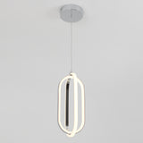 Modern pendant light with an oval, geometric LED design, suspended from a round chrome ceiling mount by a thin cord, against a plain white background.