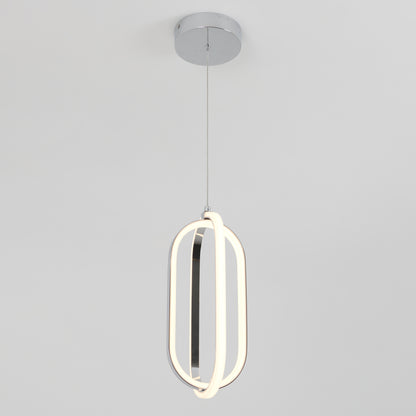 The Arlo 1-light LED pendant by Artika features two intertwined oval LED rings suspended from thin wires and a round chrome ceiling mount, shown against a plain white background.