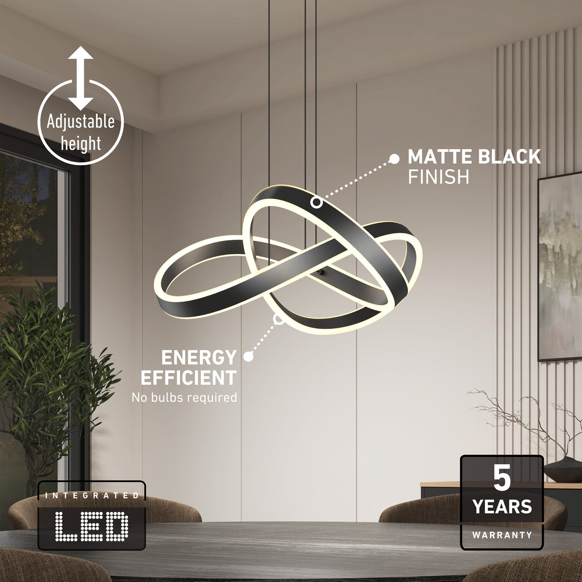 Modern matte black LED pendant light with an intertwined loop design hangs from the ceiling. Text highlights adjustable height, energy efficiency, and 5-year warranty. The room features neutral walls and minimalistic décor.