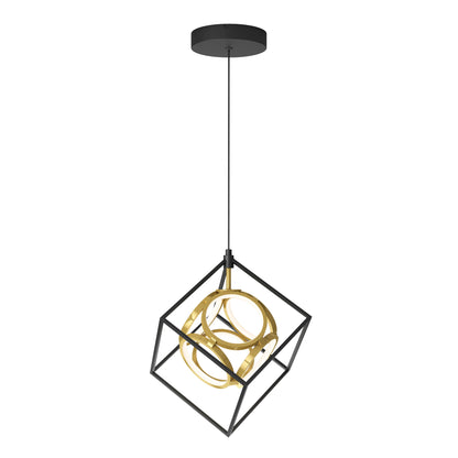 The Artika Mini Luxury LED pendant light features a black square frame with intertwined gold rings inside, suspended from a black ceiling mount by a single cord.