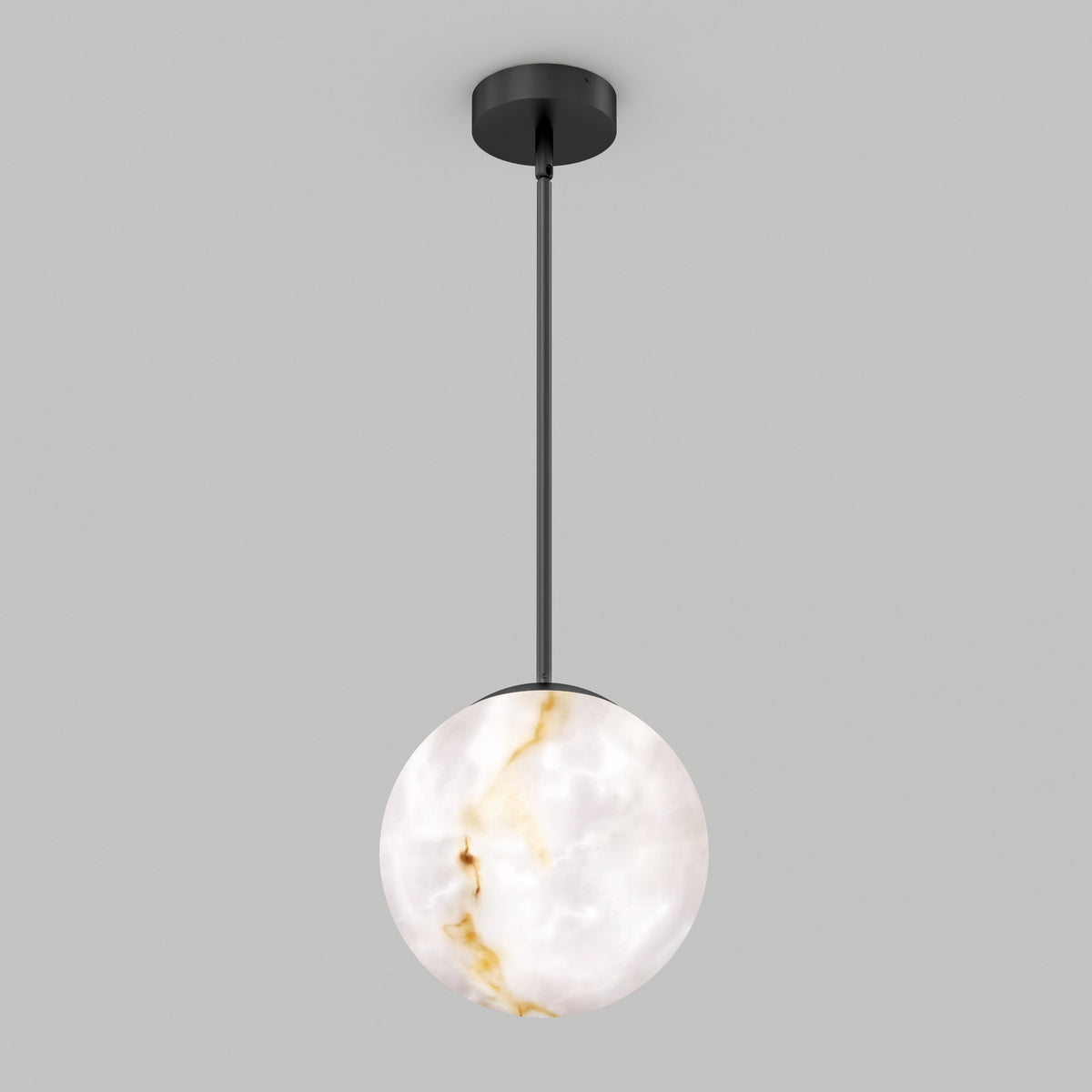 A pendant light featuring a round, marble-patterned white glass shade suspended from a black rod and ceiling mount against a plain light gray background.