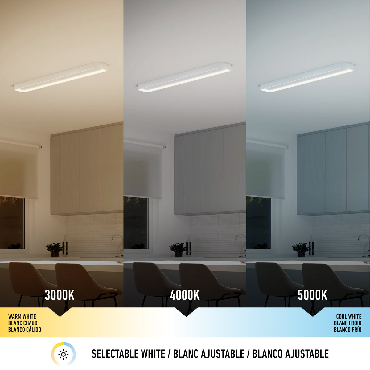 Three identical kitchens feature the Artika Aiden 48 in. LED modern flush mount light (5 CCT, matte black), shown in warm white (3000K), neutral white (4000K), and cool white (5000K) to subtly transform each room’s color.