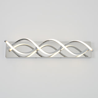The Artika DNA modern LED bathroom vanity light features wave-shaped chrome and white tubes on a rectangular base for contemporary spaces.