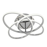 Modern ceiling light fixture with three interlocking, chrome-finished oval rings and integrated LED strips, mounted on a round base.