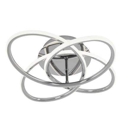 The Artika Swirl Butterfly LED contemporary flush mount light features three interlocking metallic rings with integrated LEDs, all mounted on a round base.